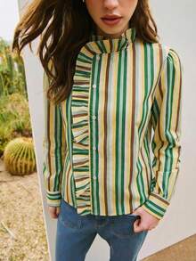 Nöista Blusa a rayas, rayas multicolor verticales, cierre con botones, detalle de volantes, cuello alto, mangas largas con puños, ropa de oficina, primavera verano, atuendos de cumpleaños para un look. - Multicolor - Ver 3