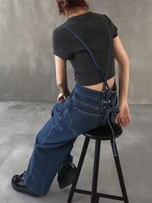 FRIFUL 女士宽松休闲牛仔连体裤，后腰处采用钥匙孔系带设计 - 藍色 - 查看 6