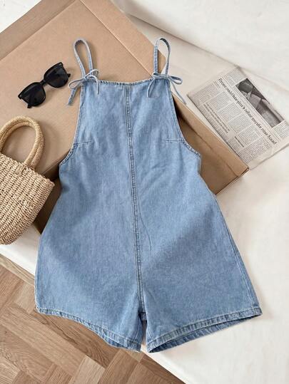 Comfortcana Mono vaquero casual y suelto con decoración de lazo para mujer