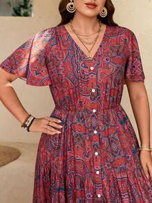 Breezaya 大码波西米亚风V领荷叶袖长连衣裙，适合音乐节和度假穿着，女士夏季连衣裙，波西米亚印花连衣裙，荷叶边下摆连衣裙，波西米亚风连衣裙，印花长款连衣裙，夏季连衣裙，女士休闲连衣裙，波西米亚风连衣裙，波西米亚风长款连衣裙 - 彩色 - 查看 3