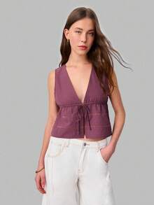 Nöista Top con cuello en V profundo, abertura frontal y lazo - Burdeos - Ver 1