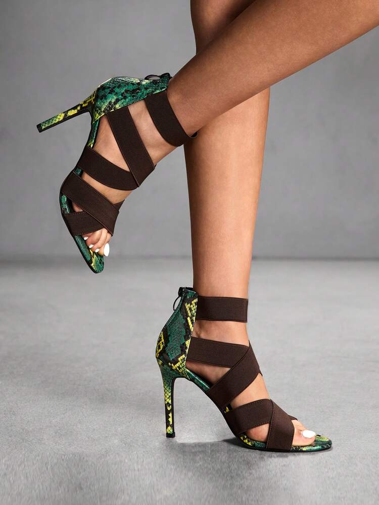 CUCCOO SZL European & American Style Snake Skin Pattern Stiletto High Heel Sandals, Sexy, Avant-Garde, Retro Fashionable, Suitable For Women Pursuing Personalized Stylish, Fit For Party, Date, Daily Outing To Enhance Outfit Presence Prom Heels