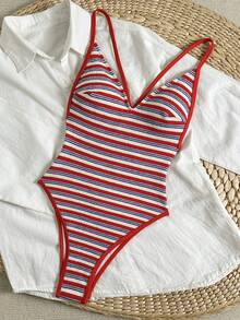 Costavie Cute Blue And White Stripe One-Piece Swimsuit, High Cut ...