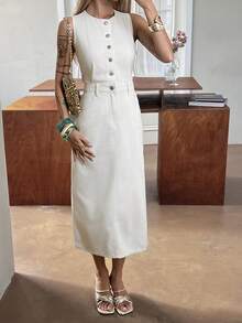 DAZY Women's Casual Washed Denim Round Neck Sleeveless Denim Dress, Summer Maxi Dress - Beige - View 4