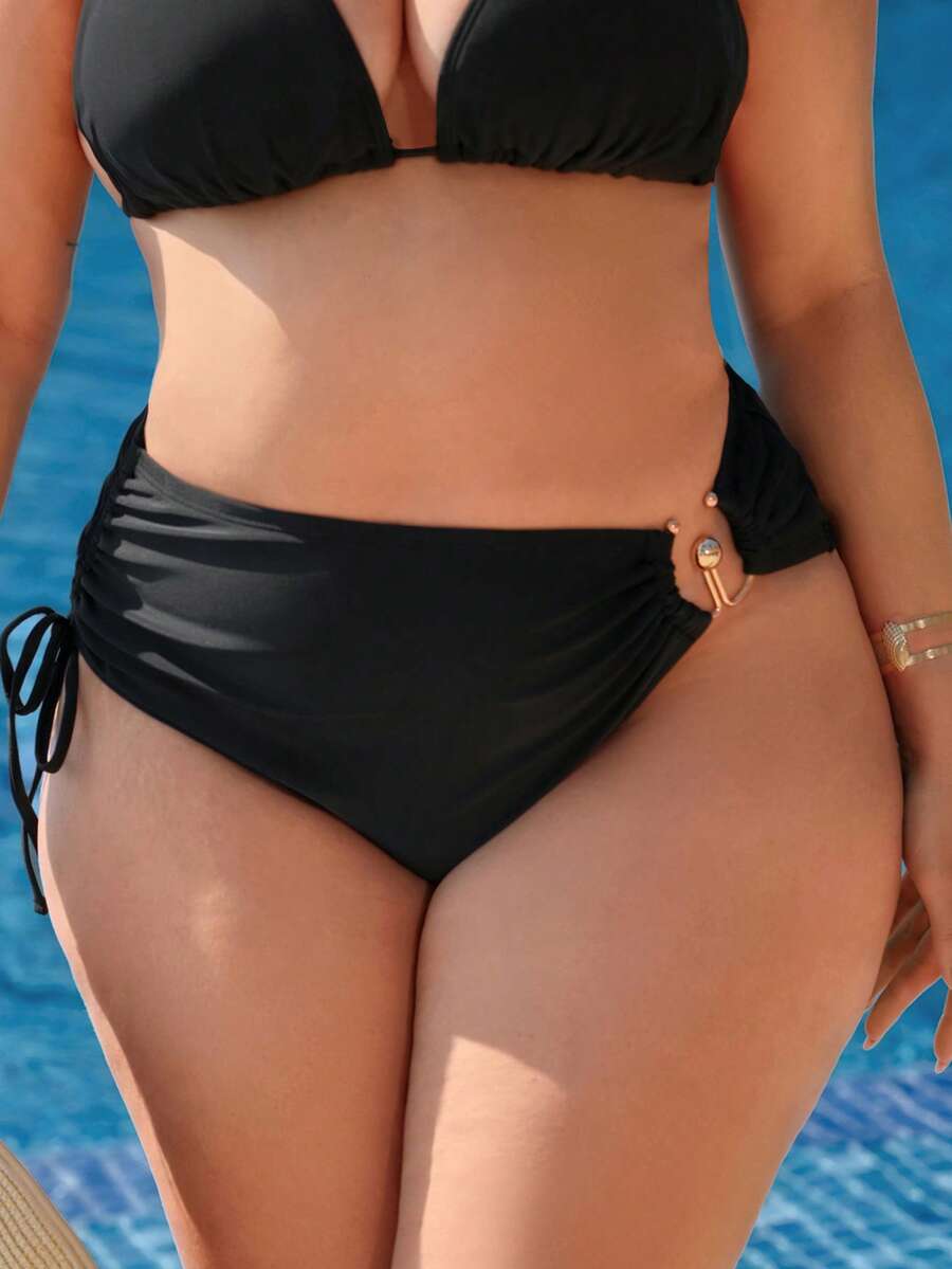 Swim Lushoire New Plus Size Women High Waist Drawstring Solid Black Triangle Bikini Bottom With Metal Decor - Black - View 1