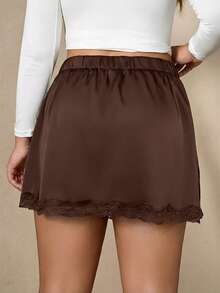 SHEIN PETITE CURVE Chân váy nữ cỡ lớn màu trơn phối ren xẻ tà bên hông - Cà phê nâu - Xem 2