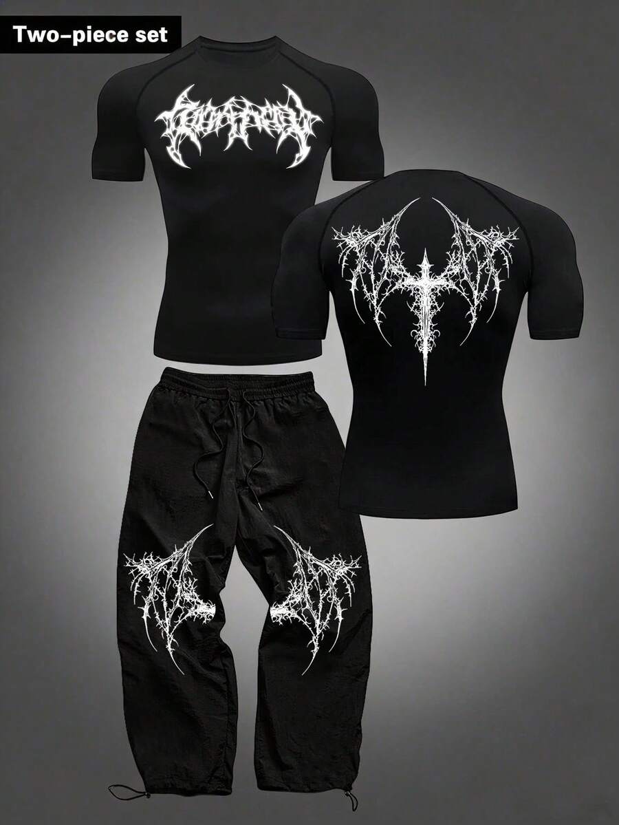 Manfinity Sport Corelite Men's Gothic Print Raglan Short Sleeve T-Shirt And Drawstring Waist Long Pants Sports Suit Gym Set Workout Set - Black - View 1