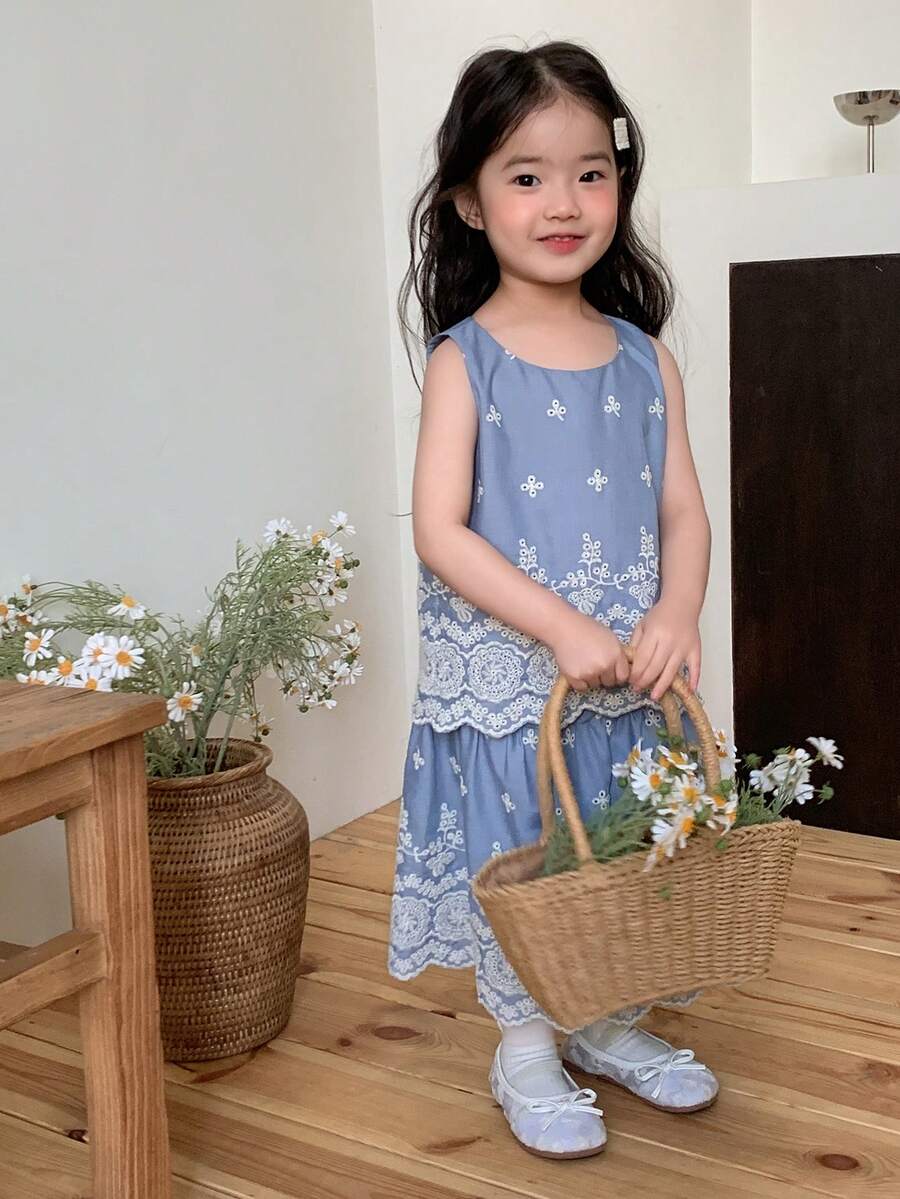 DAZY Toddler Girls' Lace Collar Sleeveless Blouse & Skirt 2-Piece Set, Fresh & Sweet Korean Style - Blue - View 1