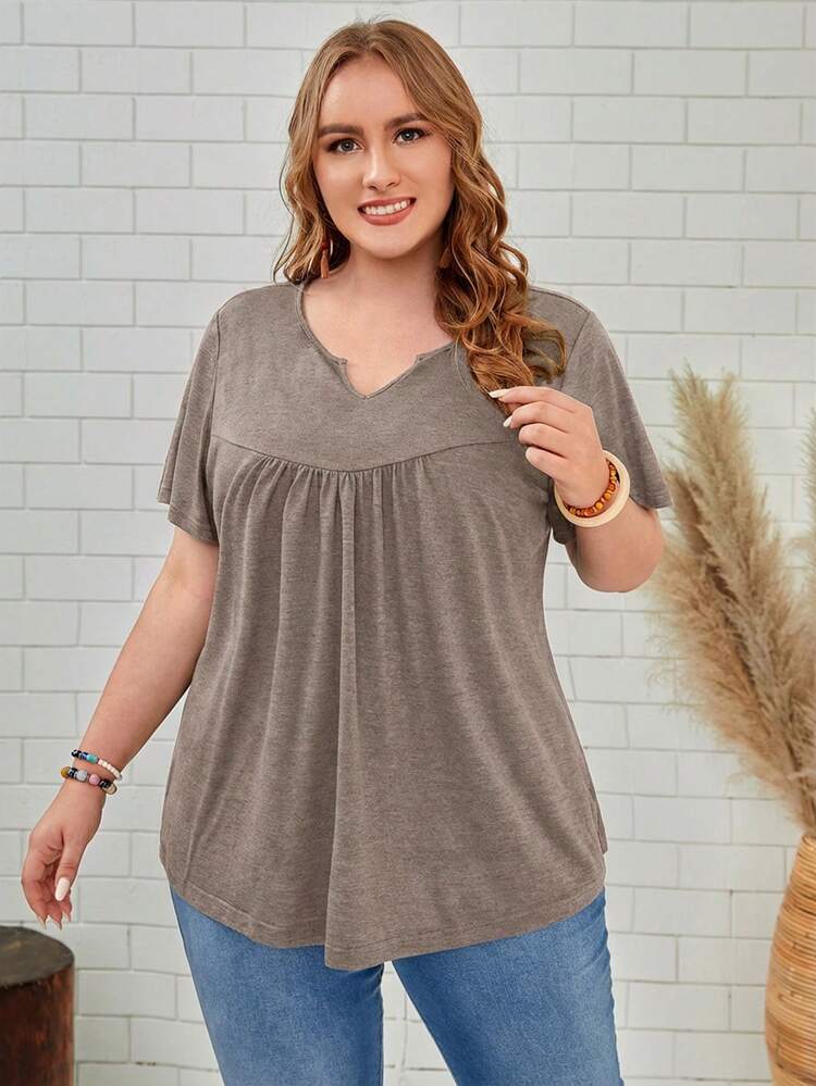 Plus Size Summer Casual Solid Color Notched Neck Short Sleeve T-Shirt