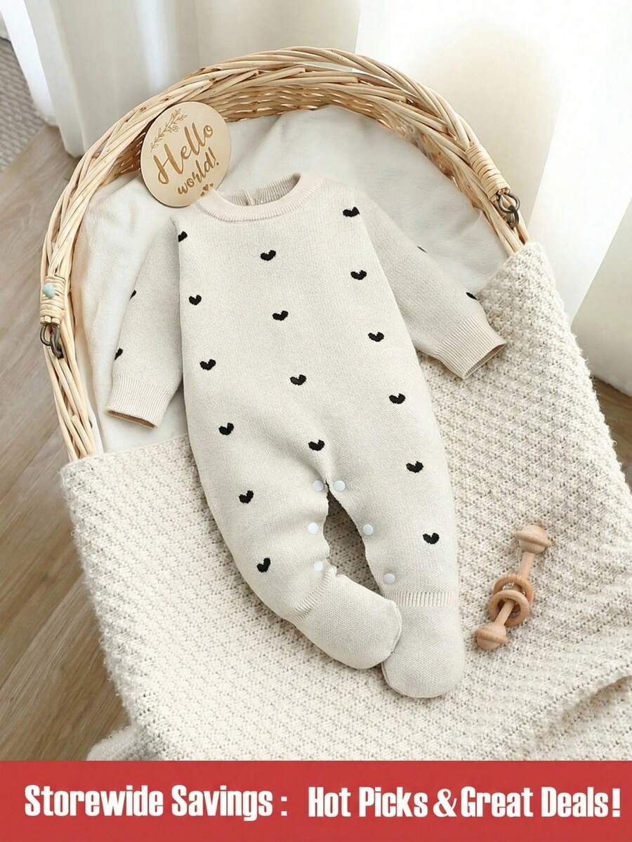 White,Autumn,Cute,Fluffy Newborn Baby Sweater Romper,Heart Pattern Round Neck Long Sleeve Knit Jumpsuit,Footed Neutral Baby Clothes,Unisex Pjs Set - Apricot - View 1