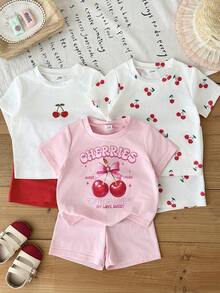 SHEIN 6pcs/Set Baby Girls' Casual Cute & Comfortable Cherry Pattern & Letter Print Short Sleeve Top And Shorts Set, Suitable For Spring/Summer Outings And Daily Wear, Overall Adorable And Comfortable - Multicolor - View 4