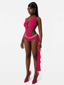 Amplova Bộ jumpsuit nữ 2 món cổ chữ V sâu, bao gồm áo khoác ngoài có viền bèo nhún và lưng hở gợi cảm, màu hồng cánh sen. - Màu Hồng Tươi - Xem 6