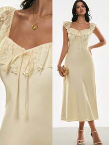 Poéselle 女士时尚优雅露肩蕾丝边中长连衣裙 - 杏色 - 查看 1