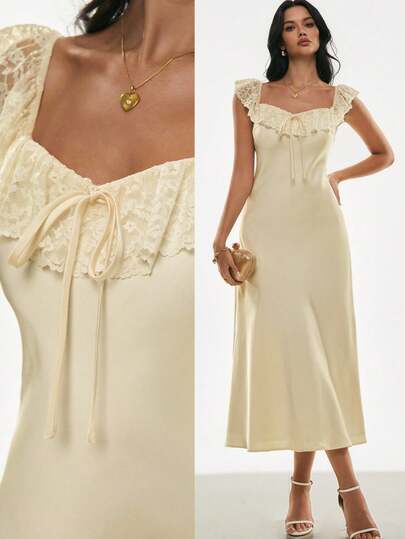 Poéselle 女士时尚优雅露肩蕾丝边中长连衣裙