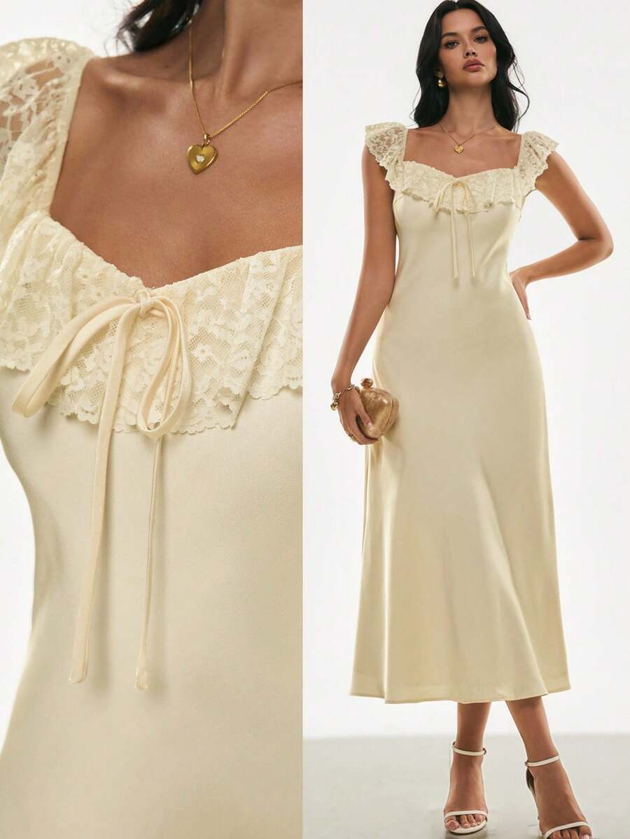 Poéselle 女士时尚优雅露肩蕾丝边中长连衣裙 - 杏色 - 查看 1