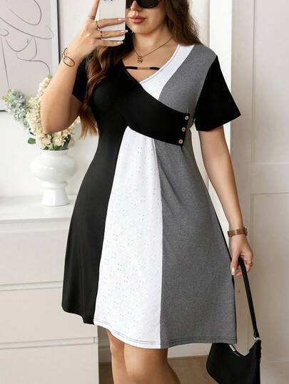 SHEIN LUNE Plus Size Color Block V-Neck Wrap Elegant Short Sleeve Dress