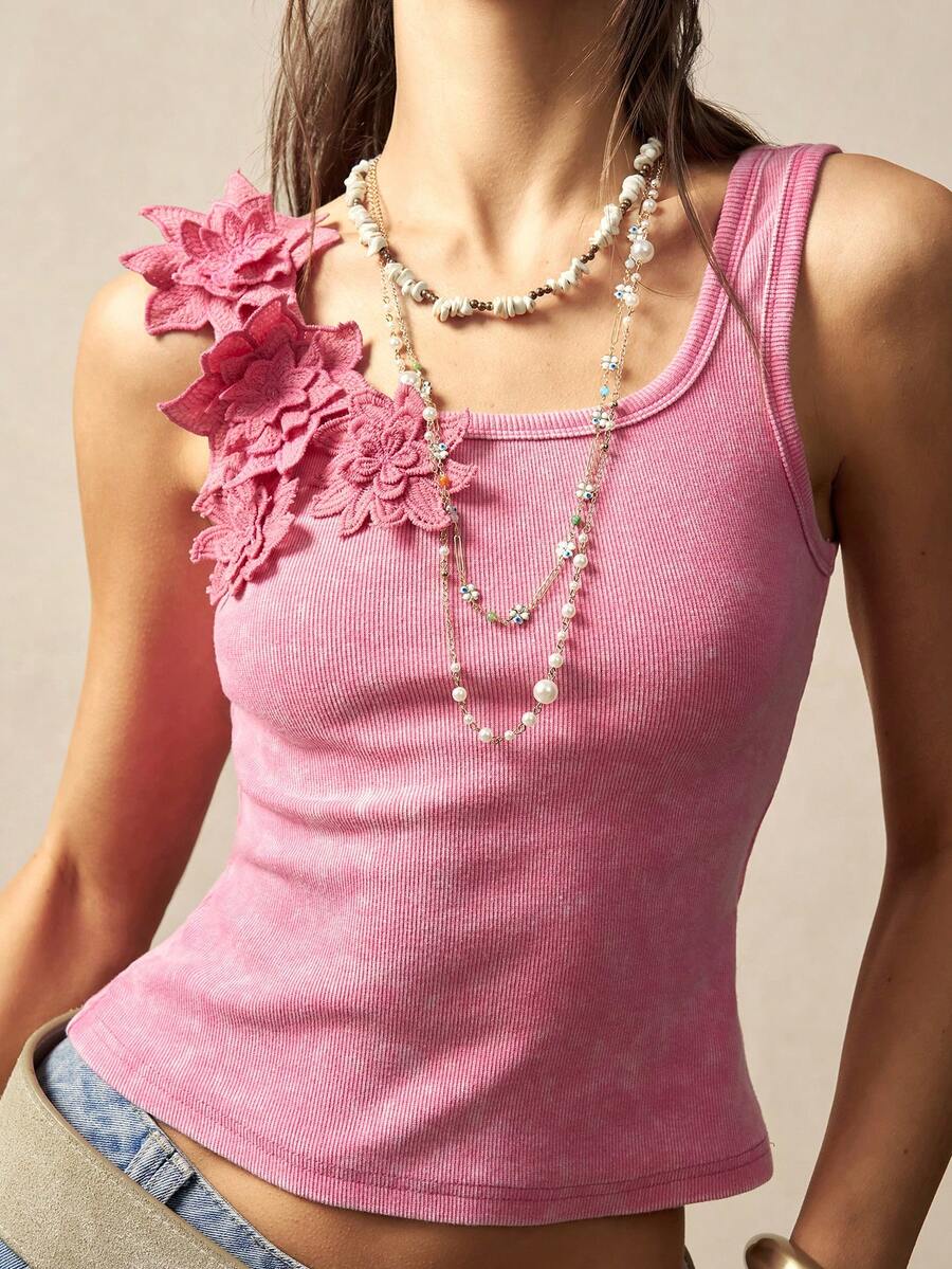 Bohemela BOHO elegantes gestricktes Blumen-Camisole für Strandurlaub für Frauen - Pink - Übersicht 1