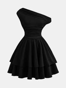 Girlism Tween Girls Knit Black Asymmetrical Shoulder Elegant Dress - Black - View 5