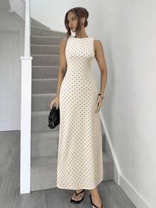 Siren Gaze Elegantes Damen Kleid mit Polka Dot Muster und rückenfreiem Rücken, Sommer Polka Dot Maxikleid, elegante Damenoutfits, Damenbekleidung, Damenkleid, Abendgarderobe, Hochzeitsgast Kleid, Damen Polka Dot - Aprikosenfarben - Übersicht 5