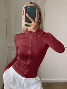 DAZY 女士长袖修身休闲运动开衫，街头风轻薄夏季外套 - 紅色 - 查看 3