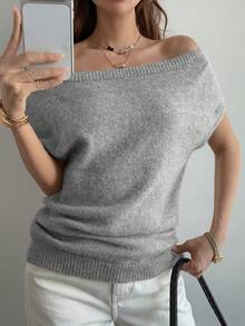 DAZY Suéter asimétrico de manga corta elegante para mujer - Gris - Ver 2