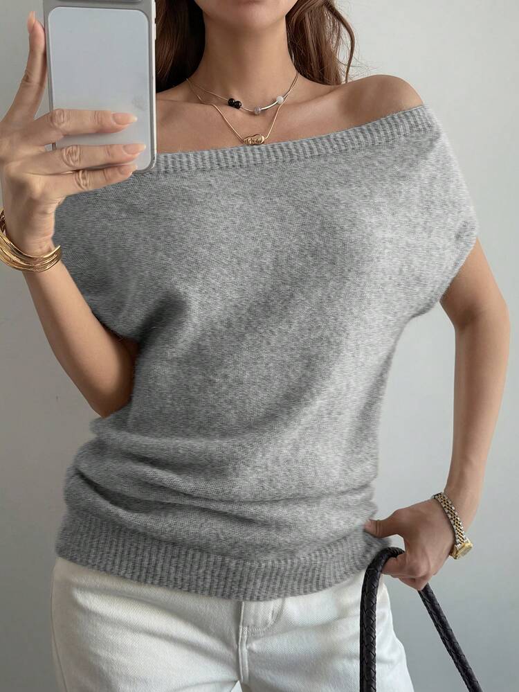 Women's Elegant Asymmetric-Shoulder Short Sleeve Asymmetric-Shoulder Sweater Off The Shoulder