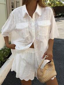 DAZY 女士夏季镂空波浪下摆短袖衬衫+休闲刺绣镂空短裤度假风休闲套装 - 白色 - 查看 4