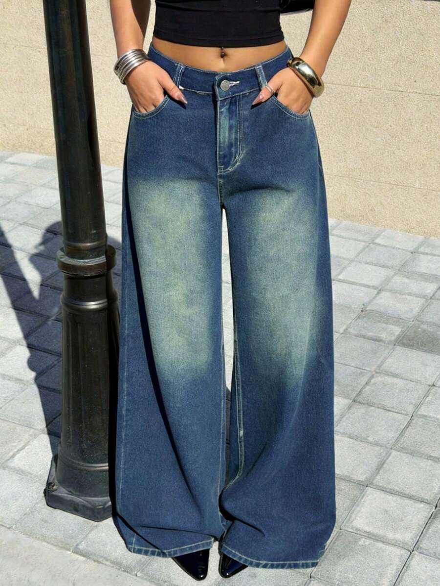 Aloruh 女士带口袋阔腿宽松休闲百搭牛仔裤 - 藍色 - 查看 1