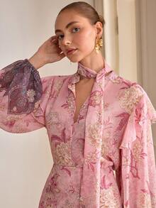 Women's Romantic Floral Print Tie Neck Lantern Sleeve Cardigan And Skirt 2-Piece Set - Pink - View 2
