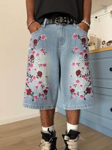 STEELVANCE Men's Casual Street Style Embroidered Blue Denim Shorts - Light Wash - View 7