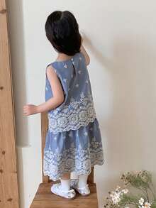 DAZY 女童蕾丝领无袖上衣和裙子两件套，清新甜美韩版风格 - 藍色 - 查看 2