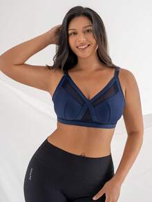 DesireSculpt Sujetador cómodo de talla grande para mujer con parches de malla de unicolor - Azul - Ver 5