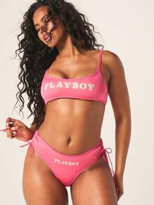 Missguided x Playboy Logo Cinched Side Ruched Thong With Lace Trim Detail And Adjustable Side Ties For Women - Hot Pink - View 3