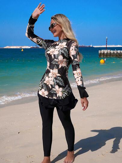 Swim Mulvari 26SS Spring/Summer Beach Vacation Modest Floral Double Ruffle 2 Pieces Swimwear Set 2026 New Women's Swimwear ArrivalFor School,Suitable For Holiday, Date, Afternoon Tea, Western, Cruise, Beach, Island, Road Trip, All Seasons, Music Festival, Boho Vacation,Bohemian Vacation, Chill Autumn ,Western Boho ,Elegant Tops For Women