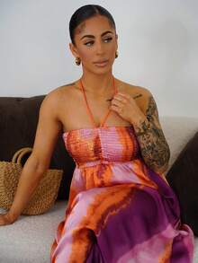 SAYEHFBABY Vestido de fiesta sin mangas con cuello de halter y anudado en estampado de teñido anudado de gasa para vacaciones - Multicolor - Ver 5