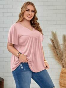 EMERY ROSE Áo thun tay ngắn cổ chữ V màu trơn dáng rộng, cỡ lớn, phong cách thường ngày, mùa hè. - Hồng - Xem 4