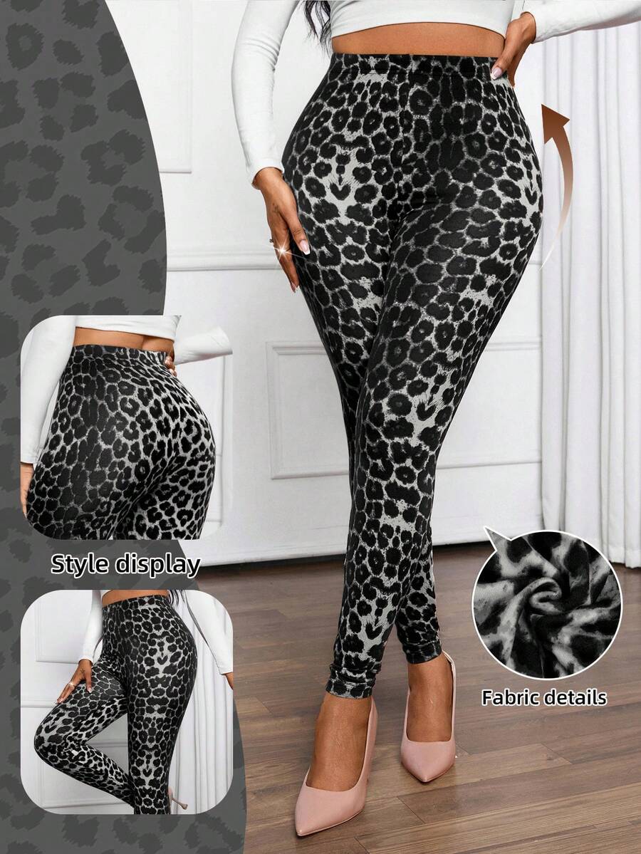 SHEIN Lady Four Seasons Leggings Cheetah Bottoms Women's High Waist Leopard Print Skinny Casual Leggings Summer Summer Outfits Summer Clothes Women's Joggers Leopard Print - Grey - View 1