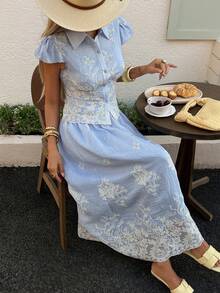DAZY 女士夏季休闲度假花卉刺绣短袖上衣和半裙两件套 - 藍色 - 查看 3