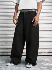 Modcrash 1pc Hearty Haven Washed Minimalist American Style Commuter Jeans For Men, Versatile Casual Loose Wide Leg Pants (No Belt Or Accessories) , Retro American, Unisex, Relaxed Fit Summer Outfits – Suitable For Everyday Wear And Summer Holiday Outfits. - Black - View 5