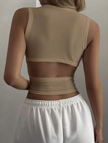 DAZY Women's Summer Round Neck Backless Hollow Design Fitted Cropped Casual Sexy Camisole Top - Khaki - View 3