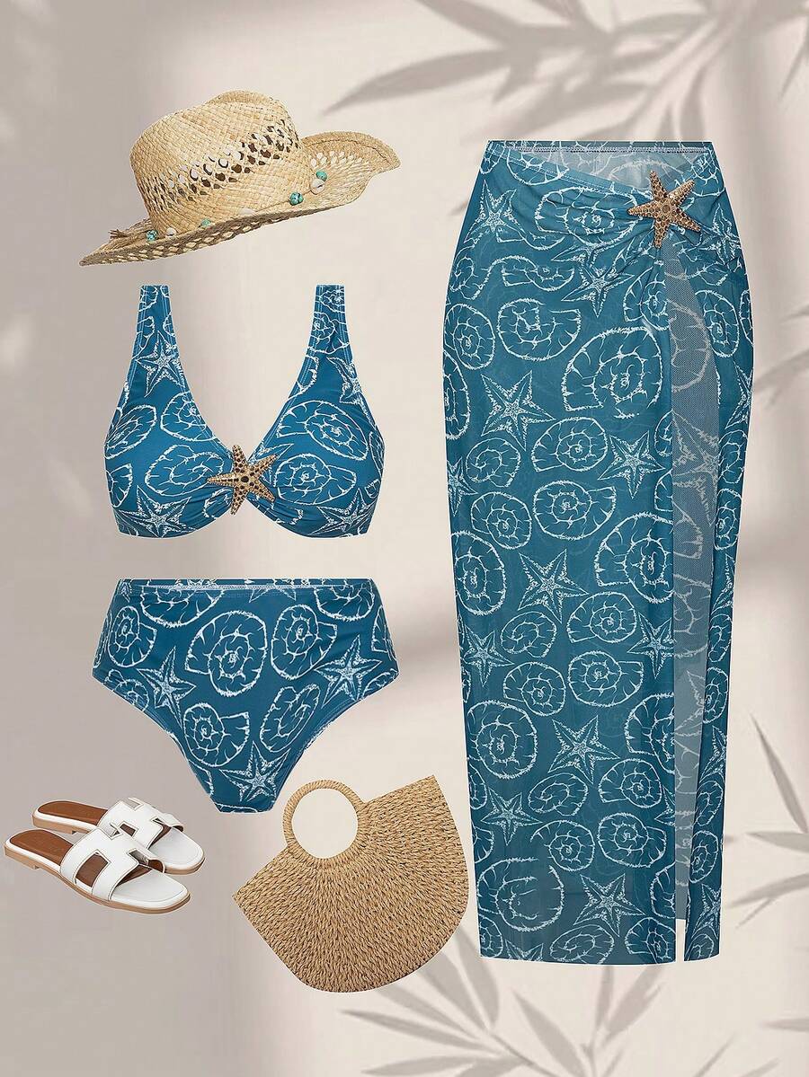 Swim Oasis Plus Size Retro Decorative Button Summer Beach Bikini Set - Blue - View 1
