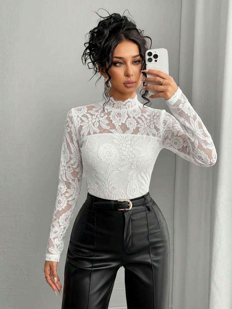 Rafferiza Áo thun ren xuyên thấu gợi cảm thanh lịch dành cho nữ - trắng - Xem 1