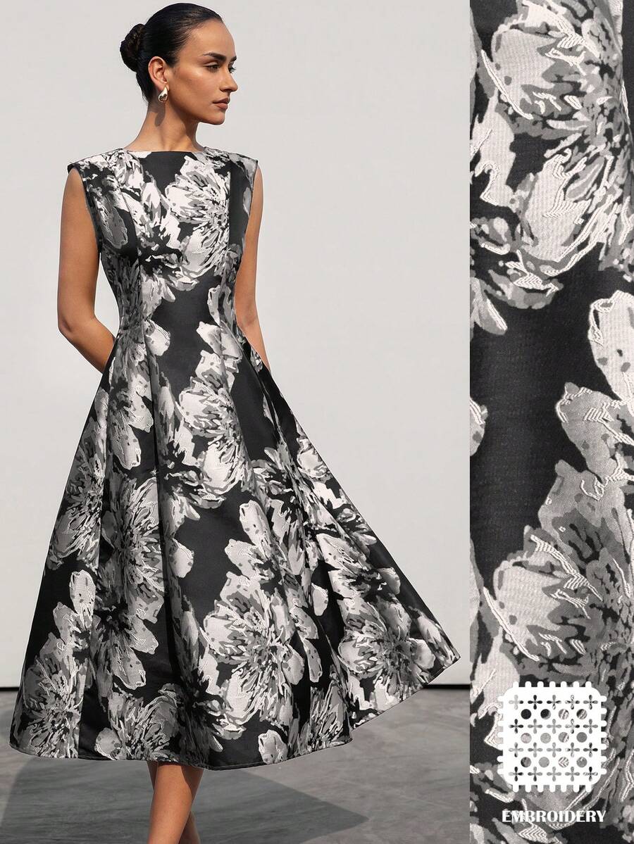 Aveloria Modichic 新款优雅高贵女士约会之夜奢华简约精致提花面料圆领无袖收腰喇叭裙 - 彩色 - 查看 1