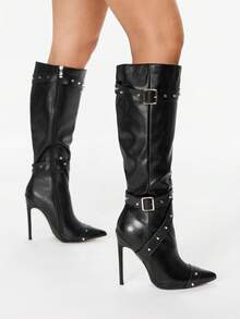 Glitzique 2025 秋冬性感时尚腰带金属扣铆钉尖头 12 厘米细高跟休闲百搭侧拉链高筒靴,黑色靴子 - 黑色 - 查看 4