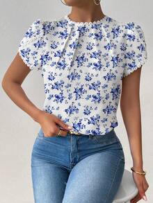 Pariaura Women's Elegant Casual Floral Print Ruffle Collar Petal Sleeve Blouse - Blue - View 4