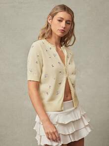 WESTFADE Áo khoác cardigan cổ tròn tay ngắn thêu hoa phối họa tiết bong bóng, thích hợp mặc mùa xuân, nghỉ dưỡng, hè, đi biển, lễ hội, hội chợ Stagecoach, Coachella, thường ngày, dễ thương, phong cách Boho, Nashville, cao bồi, rodeo, trang phục đi xem hòa nhạc đồng quê, trang phục miền Tây cho nữ. - Màu be - Xem 5