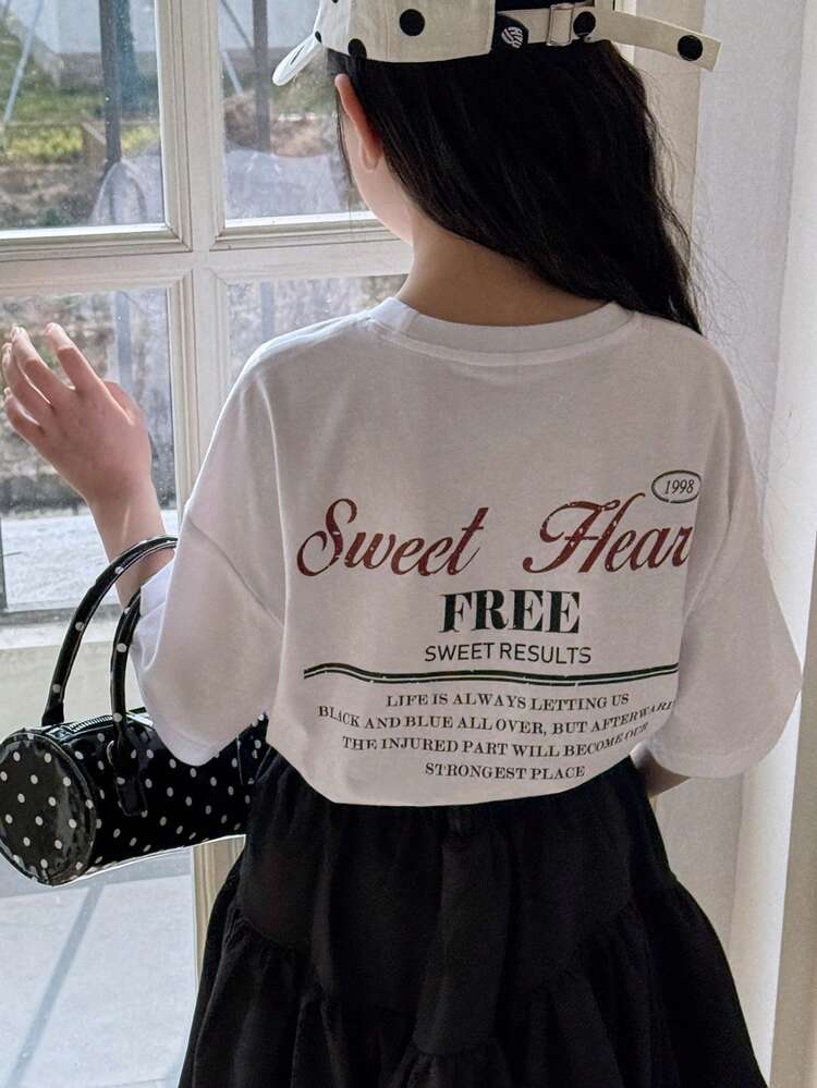 Tween Girls Round Neck Printed Short Sleeve Casual T-Shirt, Fall Summer