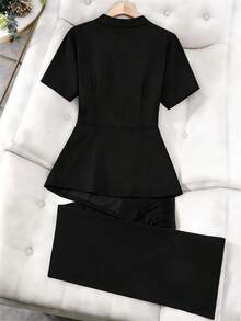 Seusyu Plus Size Women's Solid Color Waist Metal Button Asymmetric Hem Top And Pants Elegant 2-Piece Set - Black - View 2