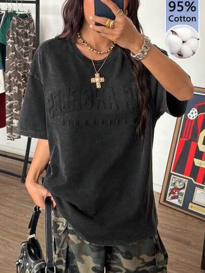 Muchica Street Style Embossed Lettering Women's Long-Sleeved T-Shirt,  Graphic Tees Women Black