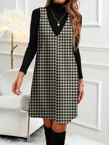 SHEIN LUNE 女士休闲千鸟格图案简约短款连衣裙，适合秋冬季节穿着，包括背心连衣裙、千鸟格连衣裙、黑白连衣裙等，适合秋季穿着，休闲百搭。 - 彩色 - 查看 6